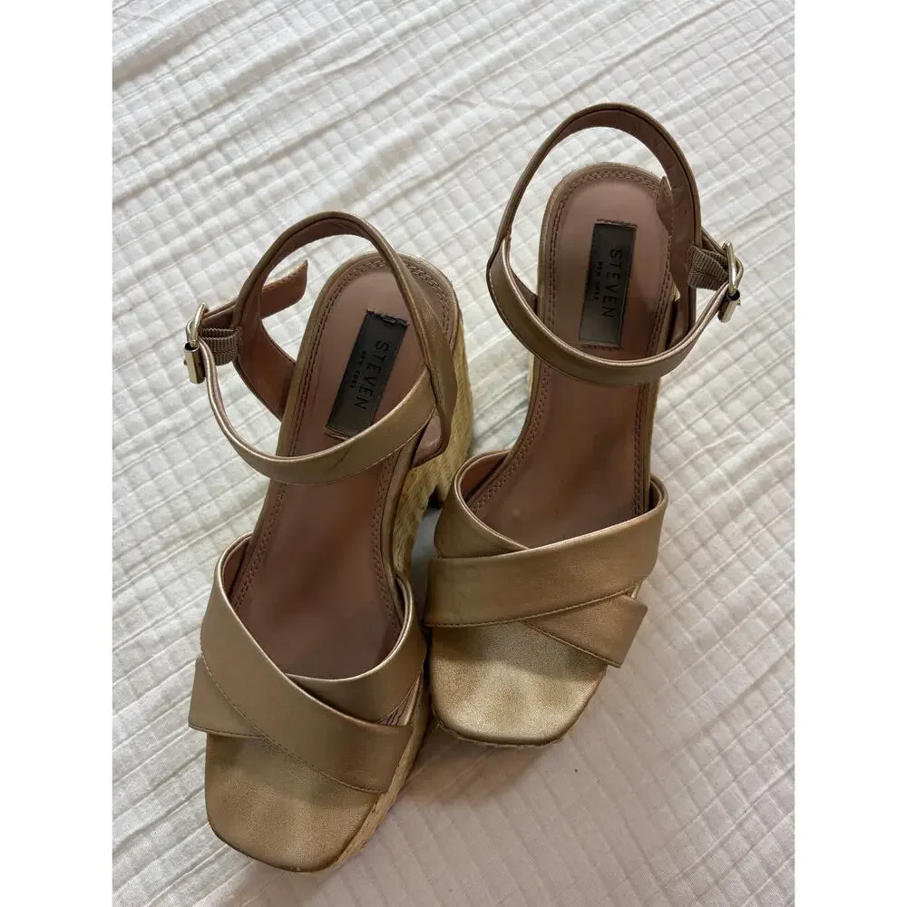 Steven women Rattan Platform Wedge Gold Strapy Sandal Size 7